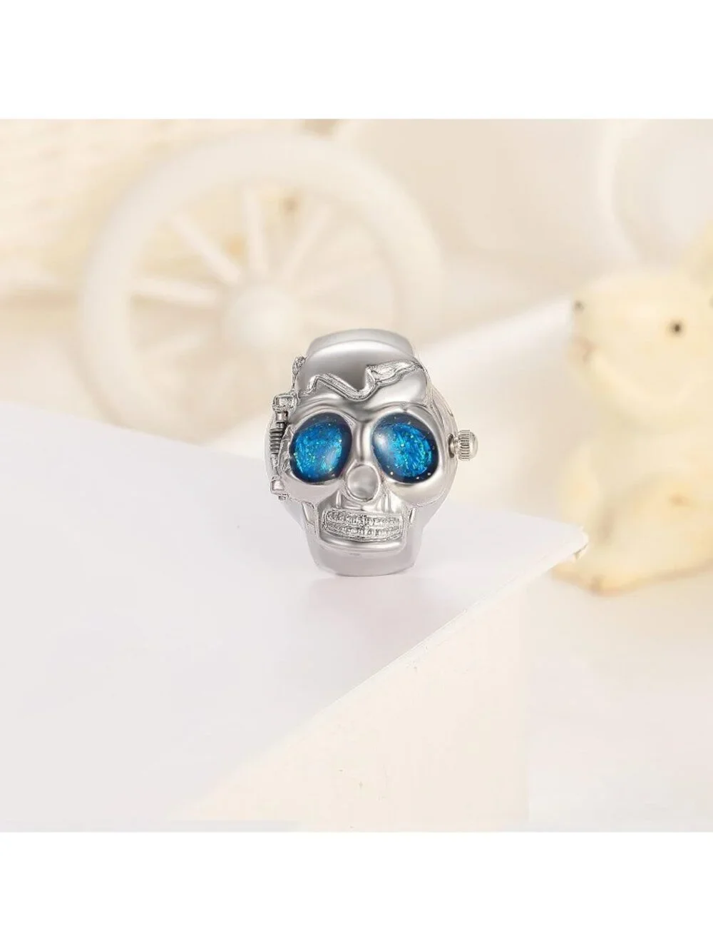 Unisex Silver And Blue Analog Punk Skull Flip-Open Adjustable Finger Ring Watch